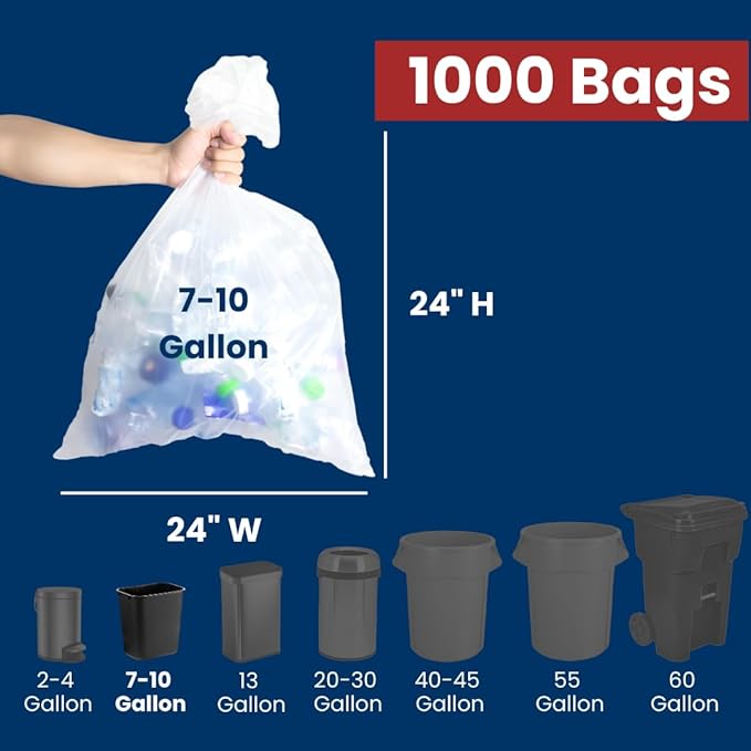 7-10 Gal Trash Bags | 1000 Count | 24 X 24 Clear Garbage Bags for Kitchen and Office