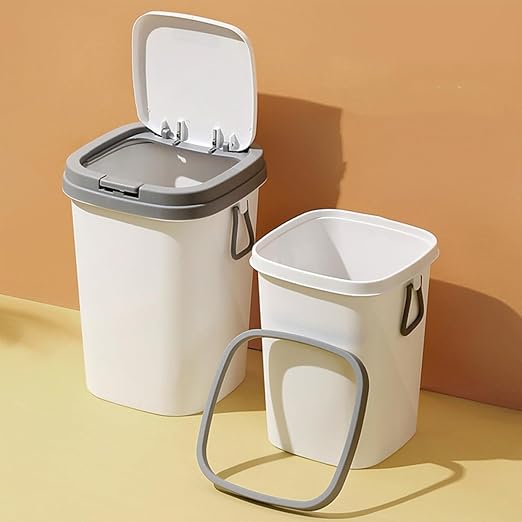 Press-Type Trash Can with Lid 13L Gray Plastic Garbage Bin for Bathroom Kitchen Living Room Household Wastebasket with Cover Nordic Style Large Capacity