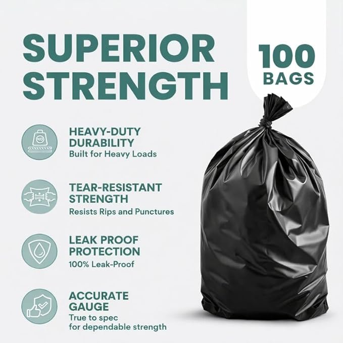 Heavy Duty 55 Gallon Black Trash Bags 2 Mil Thick Commercial Garbage Bags (23x19x47) Tear &amp Puncture Resistant Kitchen Restaurant Hotel &amp Janitorial Bags – 100 Count