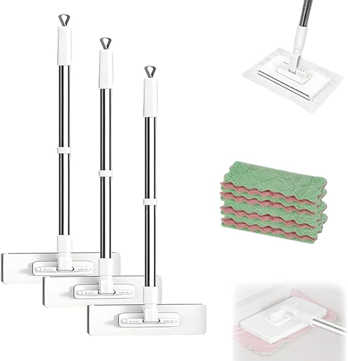 Convenient Cloth Changing Mini Mop Automatic Cloth Changing Mini Mop Dust with Handle Multi Surface Floor Mopping Dust with Handle Sweeping Cloths for Wall Window (3pcs)