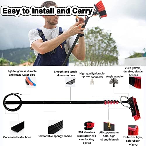 Window Cleaning Pole Kit Water Powered Telescopic Brush Extendable Cleaner for Greenhouse Roof Photovoltaic and Solar Panel Cleaning 3.6M-12M55cmbru