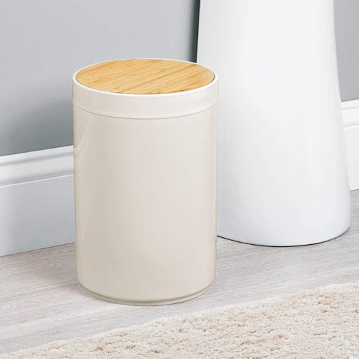 mDesign Plastic Round Trash Can Small Wastebasket - Garbage Bin Container with Swing-Close Lid - Bathroom Garbage Basket - Holds Waste Recycling - 1.3 Gallon - Basa Collection - Cream/Beige/Natural