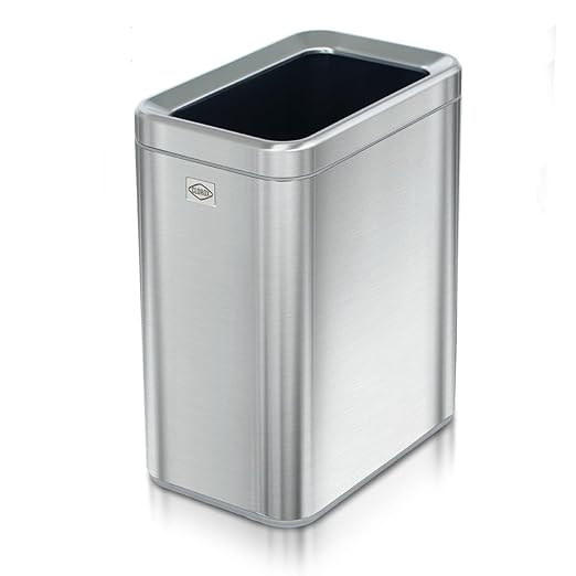 Clorox Slim Open Trash Can - 2.6 Gallon (10 Liter) Small Metal Waste Basket with Removable Bucket for Narrow Spaces - Stainless Steel Garbage Bin for Bathroom Bedroom or Office