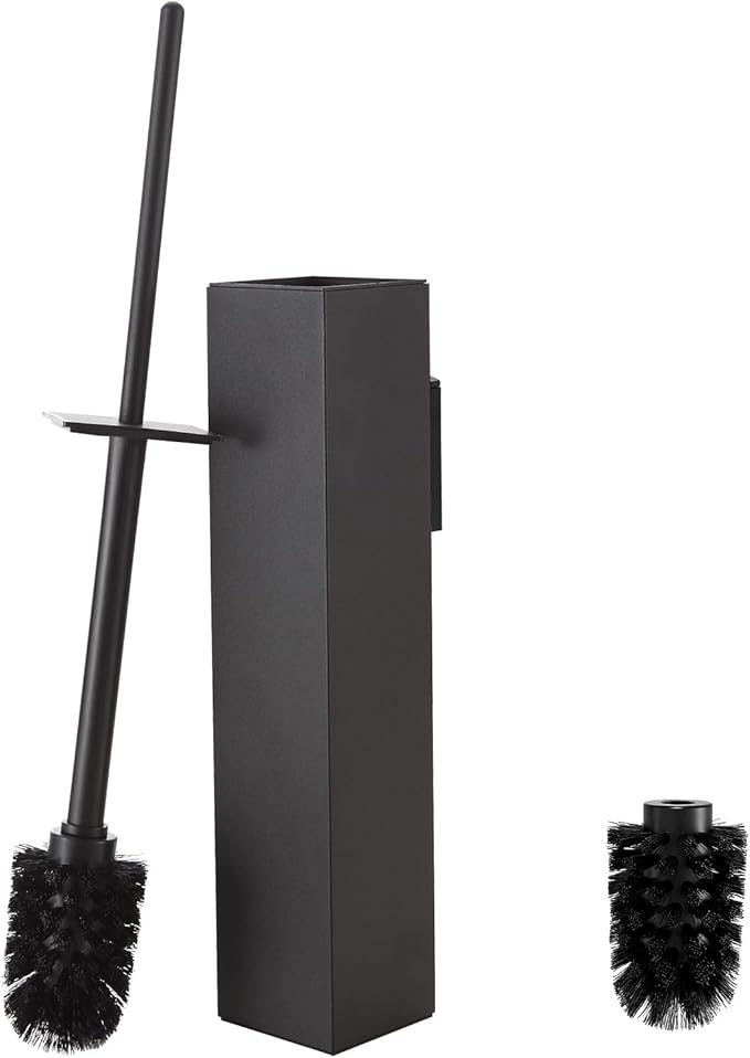 Toilet Brush and Holder Wall Mounted Black Aluminum with 2 Replaceable Heads Bathroom Toilet Brush Drill or 3M Adhesive Mount Removable Liner and Splash Guard Modern Square Design
