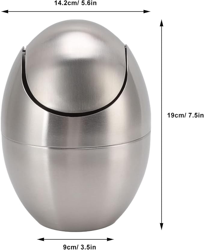 Tyenaza Mini Trash Can Egg-Shaped Stainless Steel Countertop Garbage Bin Mini Desk Can with Swing Lid for Office Desk Coffee Table Vanity Tabletop Bedroom