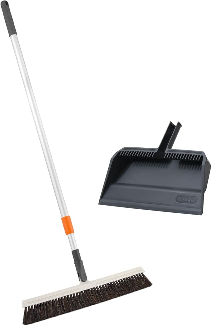 Superio 18 Horse Hair Upright Broom with Telescopic Handle &amp 16 Gray Dustpan with Comb Rubber Lip &amp Clip – Narrow Thin Dust Broom for Dog Hair – Hardwood &amp Tile Floor Cleaning Set – Gra