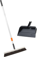 Superio 18 Horse Hair Upright Broom with Telescopic Handle &amp 16 Gray Dustpan with Comb Rubber Lip &amp Clip – Narrow Thin Dust Broom for Dog Hair – Hardwood &amp Tile Floor Cleaning Set – Gra