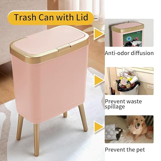 Procade Bathroom Trash Can with Lid 4 Gallon Pink Garbage Can Tall Plastic Trash Bin with Push Button Slim Gold Trash Can Waste Basket for Room BedroomOfficeKitchen