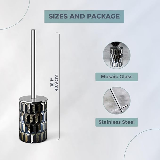 Escenzy Cute Toilet Brush and Holder Set Mosaic Glass | Non-Rustic Stainless Steel | Practical &amp Decorative Toilet Bowl Brush and Holder | Luxury Black and Gold Bathroom Accessories (Latest)
