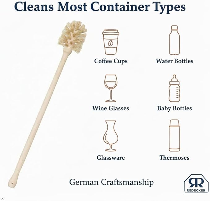 REDECKER Extra Long Bottle Brush Cleaner: Durable Horsehair and Beechwood Handle Ideal for Vases Pitchers Mugs and Baby Bottles 16-1/2 Inch Dense Natural Bristles Made in Germany