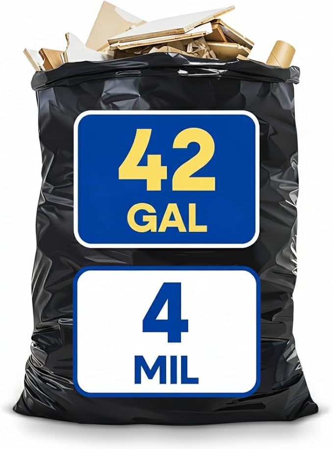 Heavy Duty Contractor Bags 42 Gallon with Flap Ties Trash Bags 4 Mil for Industrial Commercial Use 34 x 45 Yard Waste Bags Black Pack of 75