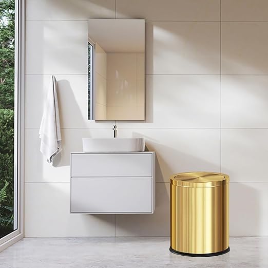 Brushed Gold Bathroom Trash Can with Swing Lid 4 GallonStainess Steel Garbage Can Trash Bin Wastebaskets for KitchenOfficeBedroomLiving Room(Gold 4 Gallon)