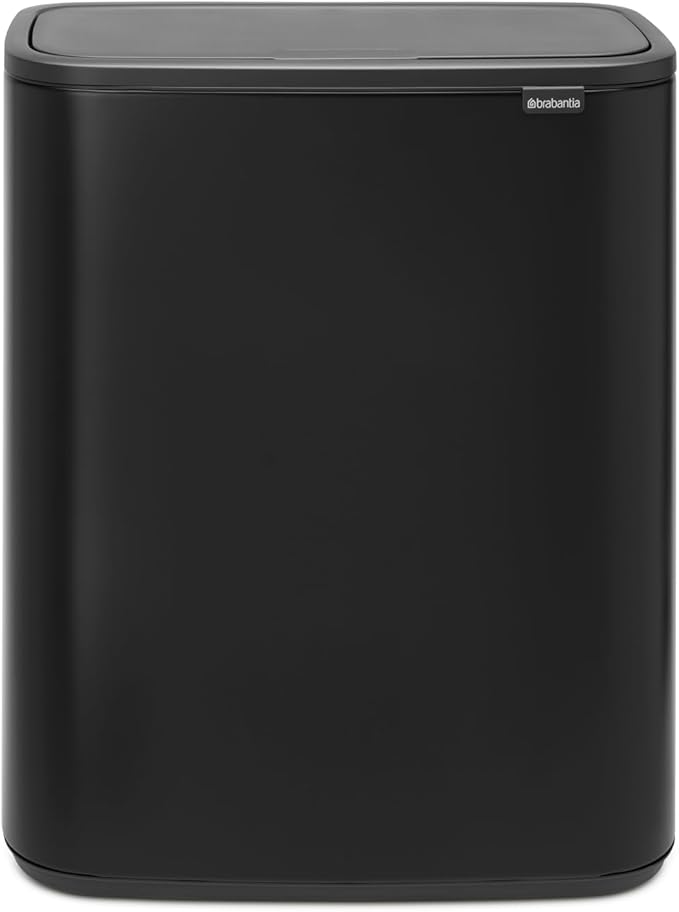 Brabantia Bo Touch Top Kitchen Trash Can with Single Compartment | Matt Black | 16 Gal Inner Bucket | Soft-Close Garbage Can Light Touch Opening Stay-Open Lid | Fits Against Wall | + Trash Bags