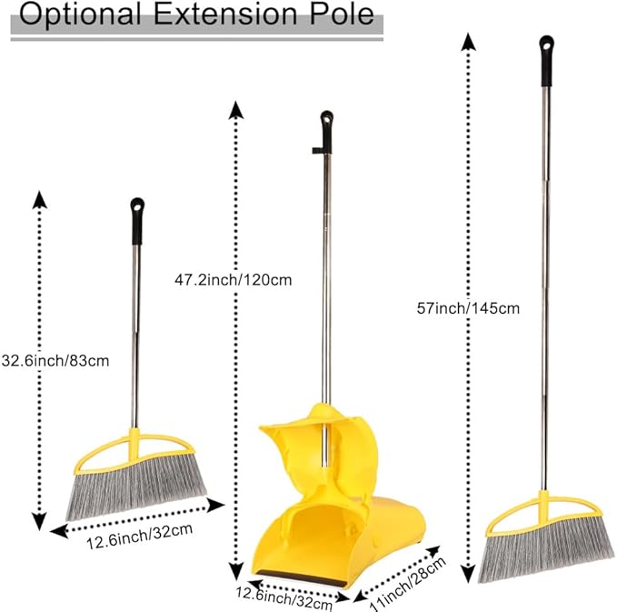 Long Handle Heavy Duty Broom and Dustpan Set Outdoor and Commercial Upright Dustpan and Brush for Restaurant Garage Garden Yard Office Yellow