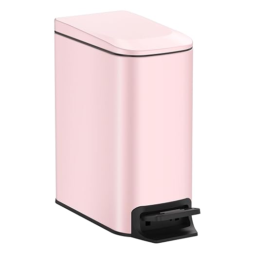 TIPGO Slim Bathroom Trash Can with Lid Soft Close 6 Liter / 1.6 Gallon Stainless Steel Garbage with Removable Inner Bucket Small Trash Bins for Bedroom Office (Pink)