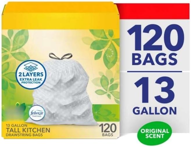 13 Gallon Tall Kitchen Trash Bags with Odor Control Heavy Duty Leak Protection Stretchable Drawstring Bags Fresh Scent Technology 2-Layer Design for Sharp Objects 80 Count