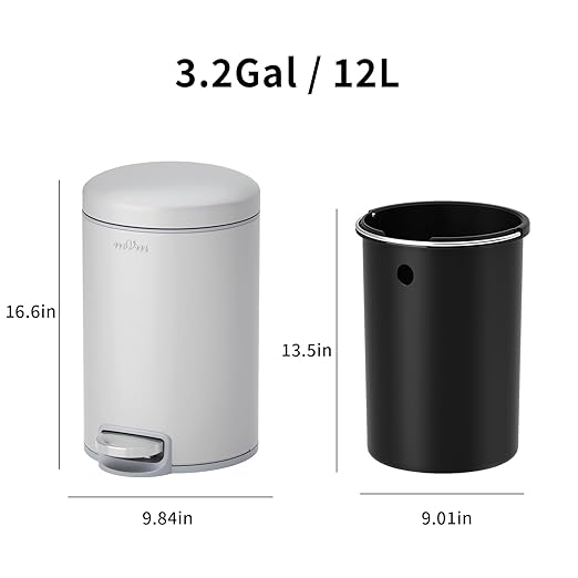 mVm Bathroom Garbage Can3.2 Gallon/12 Lliter Round Stainless Steel Trash CanStep Small Trash Can with Lid and Foot PedalSoft-CloseAnti-Fingerprint.for BathroomBedroomOfficeLiving Room(Gray)