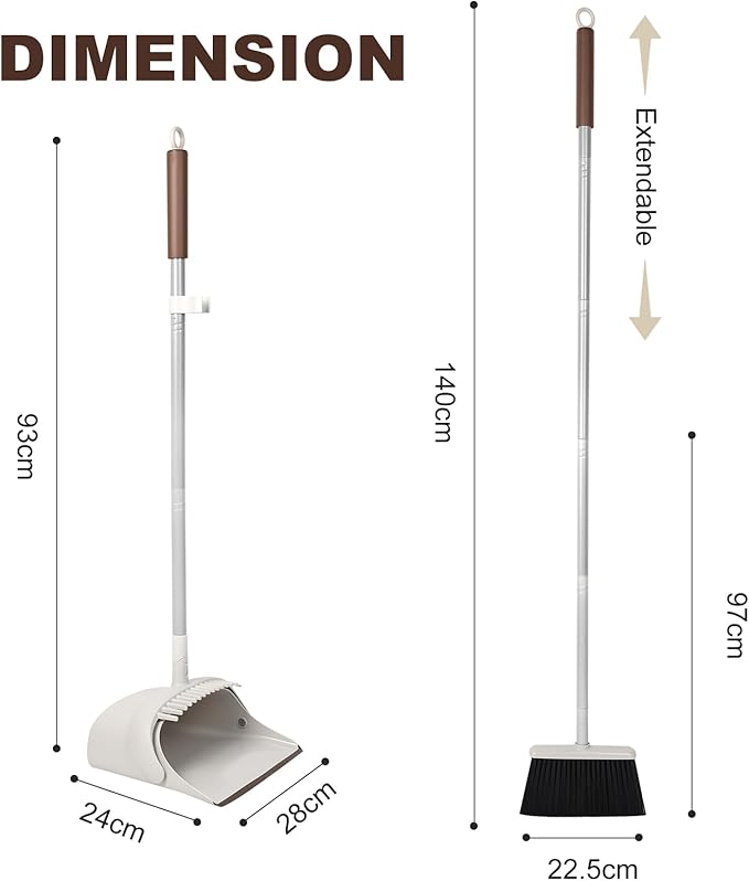54 Long Handled Broom and Dustpan Set - Perfect Dust Pan and Brush Combo for Efficient Cleaning Brown and White