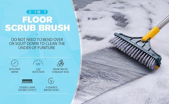 Bathroom Cleaning Brush with Wiper 2 in 1 Tiles Cleaning Brush with Long Handle 120° Rotate Bathroom Floor Floor Scrub Bathroom Brush Home (Yellow)