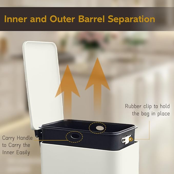 Bathroom Trash Can 2.6 Gallon Trash Can with Lid Stainless Steel Pedal Trash Bin with Removable Liner for Bathroom Bedroom Kitchen Office10 Liter White Garbage Can
