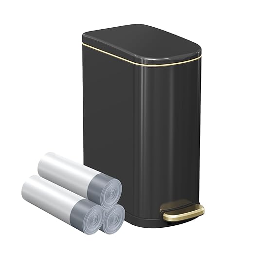 2.6 Gallon Slim Bathroom Trash Can with Soft-Close Foot Pedal 10L Stainless Steel Garbage Can with Removable Liner Bucket for Narrow SpacesBathroom Bedroom (Titanium Black)