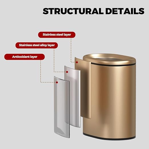 9L/2.4GALSlim Bathroom Trash Can 12 * 7.75 * 13.67 inches Stainless Steel with PP Inner Bucket Smooth with Garbage Bag Inner Lining Suitable for bathrooms bedrooms Offices Hotels