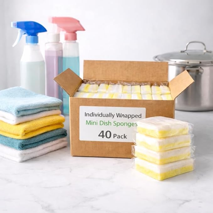 Mini Dish Sponges White &amp Yellow – Half Size Light Duty Cleaning Sponges Individually Wrapped Non-Scratch Kitchen &amp Household Use – 40 Count