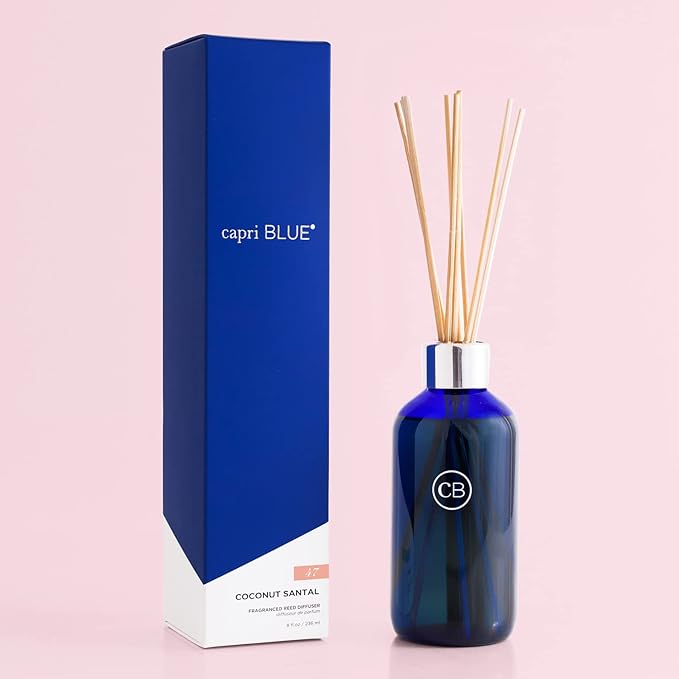 Capri Blue Coconut Santal Reed Diffuser Set - Includes Reed Diffuser Sticks Fragrance Oil and Glass Bottle - Luxury Scented Room Fresheners - Cobalt Blue (8 fl oz)