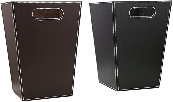 KINGFOM Classic Pu Leather Trash Can Wastebasket Garbage Container Bin with Handles for Bathrooms Powder Rooms Kitchens Home Office and and High Class Hotel Square Brown
