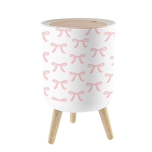 Small Trash Can with Lid Cute Coquette Seamless Pink Ribbon Bow White Garbage Cans Round Wastebasket 1.8 Gallon Dog Proof Trash Can Waste Basket for Bathroom Office Dorm Decor