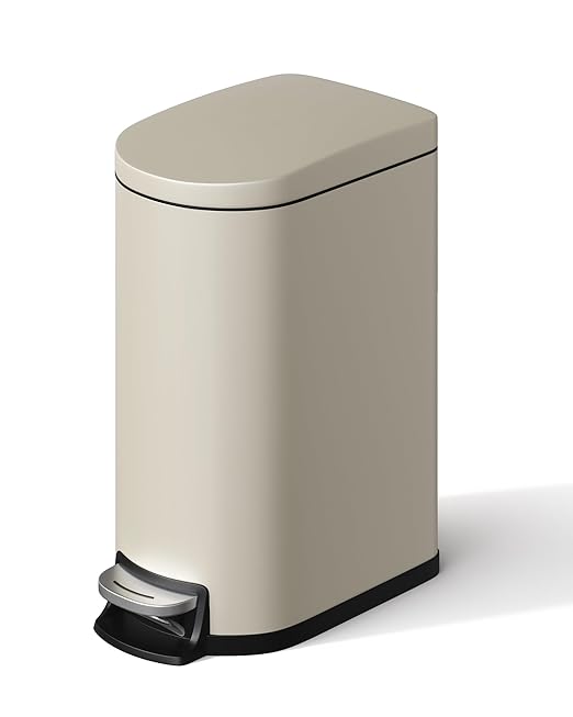 GarveeHome 2.6 Gallon Bathroom Trash Can Space-Saving Slim Stainless Steel Step-On Garbage Bin with Soft Close Lid Removable Inner Bucket for Bathroom &amp Bedroom Sand Beige