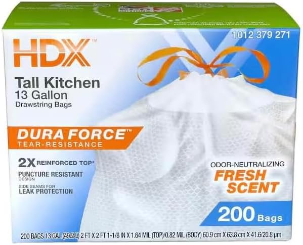 Tall Kitchen 13 Gallon Drawstring Trash Bags Fresh Scent Dura Force Tear-Resistance 200 Count White