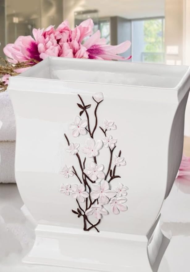 Creative Scents Vanda White Trash Can 1.48 Gal / 5.6L - Decorative Designed Wastebasket - Durable Small Bathroom Trash Can - Waste Basket for Bathroom Powder Room Bedroom Or Living Room Decor