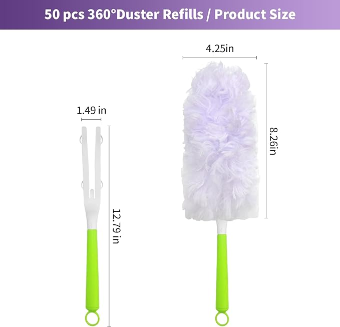 50 Count 360° Multi-Surface Feather Duster Refills Compatible with Swiffer Dusters Thickened Heavy-Duty Material Disposable Dusters Kit Includes 2 Handle for Efficient Cleaning
