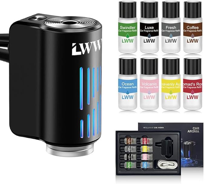 LWW Smart Car Air Freshener Diffuser Rechargeable Car Aroma Diffuser with 3 Spray Modes &amp Color Light Long Lasting Auto Scent Diffuser with 8 Essential Oils for Car Home Office Black
