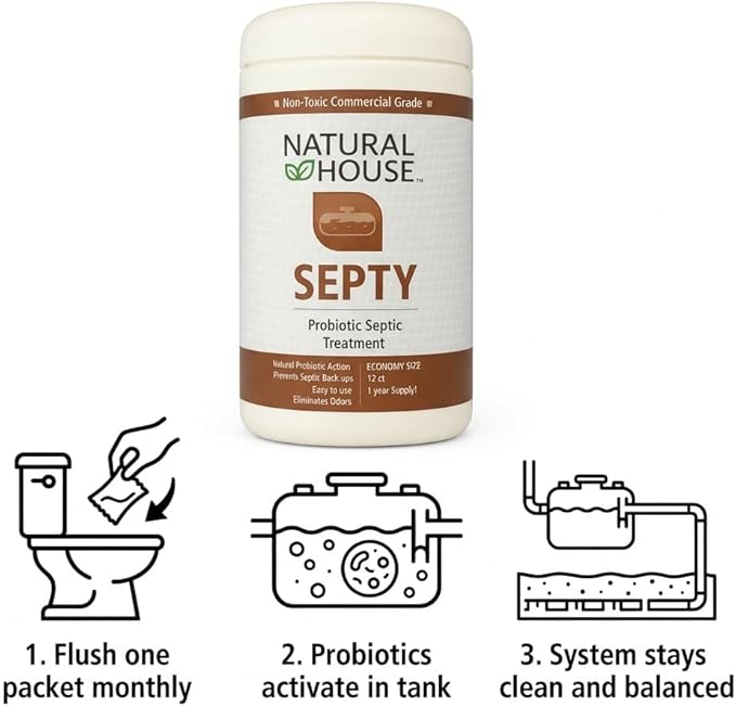 Natural House Septy - Probiotic Septic Tank Treatment - Prevents Backups - Reduces Odors - Supports Drain Fields - 12 Month Supply