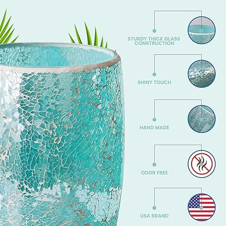 Escenzy Modern Bathroom Trash Can Mosaic Glass 5L | 7 x 10 | Decorative Small Garbage Can | Luxury Waste Basket for Restroom Office Bedroom &amp Kitchen | Shiny Turquoise Green Bathroom Accessori