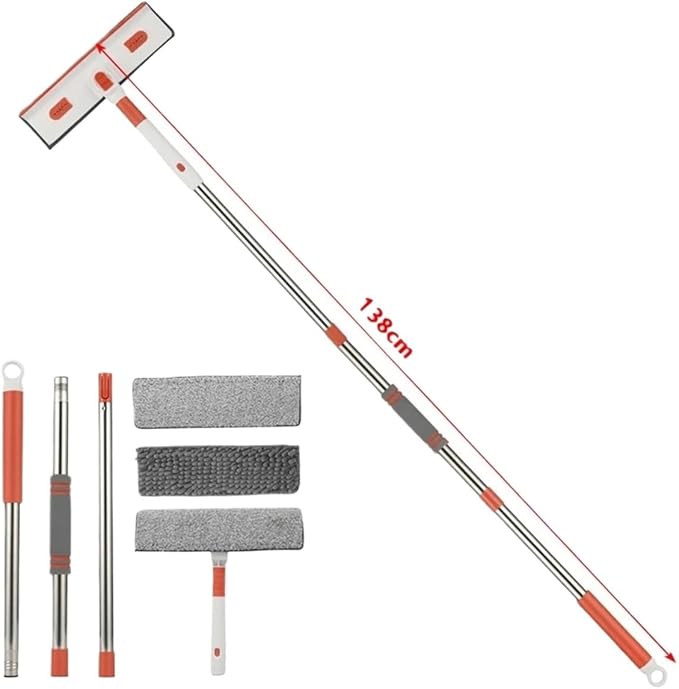 180° Rotatable Long Handle Window Mop – Glass Cleaner with Silicone Scraper and Brush – Household Cleaning Tool for High Windows(138cm - Hooks)