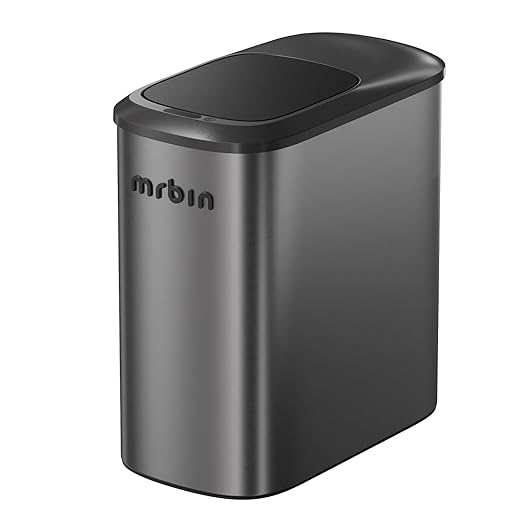 MRBIN Stainless Steel Motion Sensor Bathroom Trash Can 10L / 2.6gal Slim Smart Toilet Waste Basket with Lid Automatic Touchless Kitchen Bucket for Narrow Restroom Vanity Rv Eclipse Grey