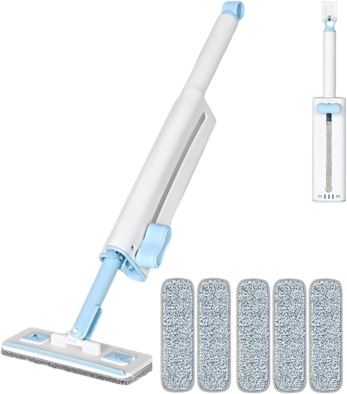 Hands-Free Mini Mop for Home CleaningWet/Dry Use Effortless Cleaning  for Kitchen/Living Room/Sofa/Bathroom/Vehicle Windows/Glass/Tight Corners  5 Microfiber Pads + 1 Squeeze Handle (Blue)