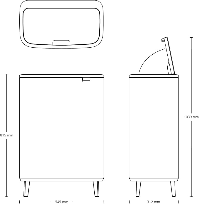 Brabantia Bo Hi Touch Top Kitchen Trash Can with Single Compartment &amp Raised Legs | Mineral Concrete Gray | 16 Gal Inner Bucket | Soft-Close Light Touch Opening Stay-Open Lid | + Trash Bags