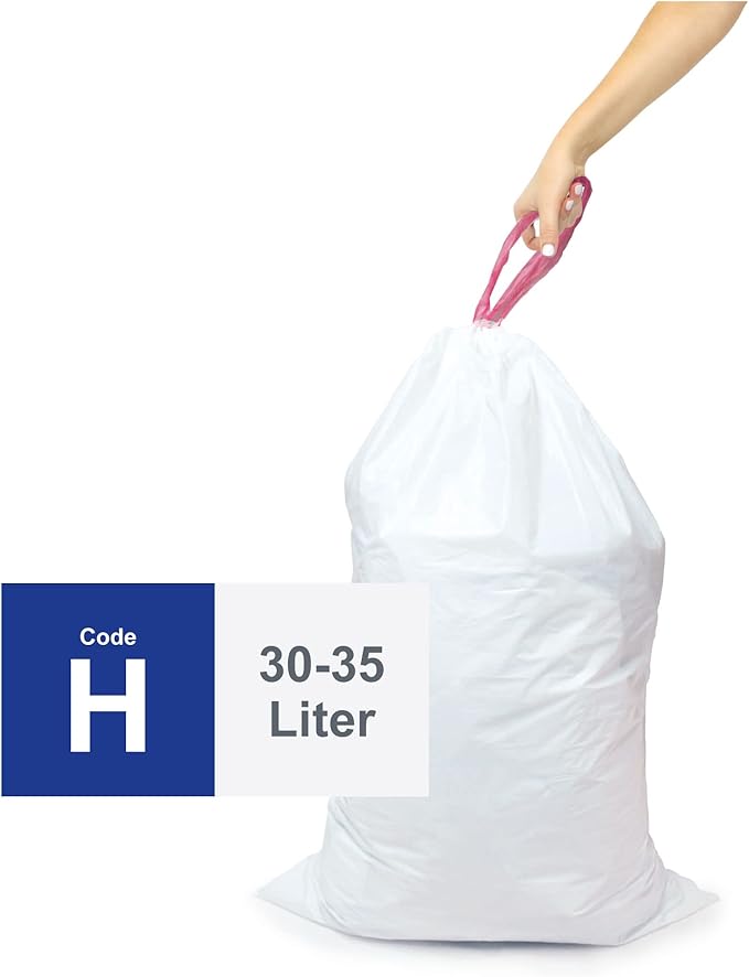 Compatible With Simplehuman Code H - 100 Count Durable Custom Fit Plastic Trash Bags w/Drawstring - 30-35 Liter/ 8-9 Gallon Trash Cans - Heavy Duty Garbage Bag - Made in USA