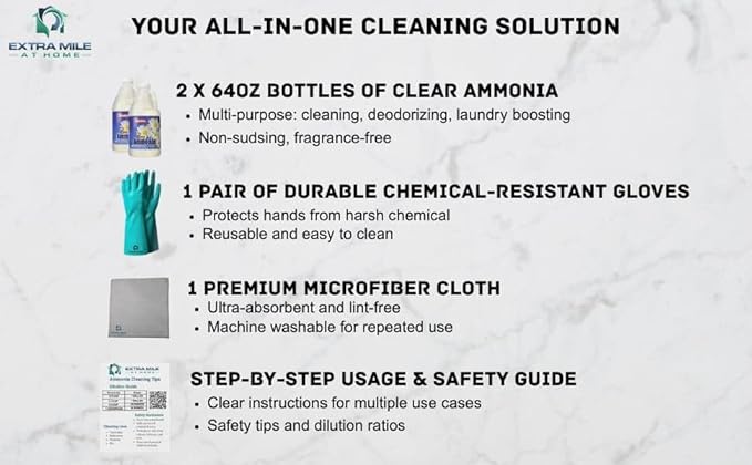 Clear Ammonia Cleaning Kit – 2 x 64oz Bottles with Gloves Microfiber Cloth &amp Usage Guide – Odor Neutralizer Degreaser &amp Laundry Booster