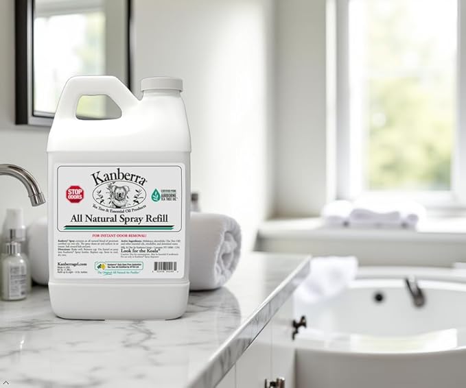 Kanberra Spray Refill - 64 oz. - All-Natural Odor Eliminator &amp Air Freshener for Home Car RV Boat Gym Bag | Eco-Friendly Long-Lasting Tea Tree Oil Formula Safe for Pets and Family.