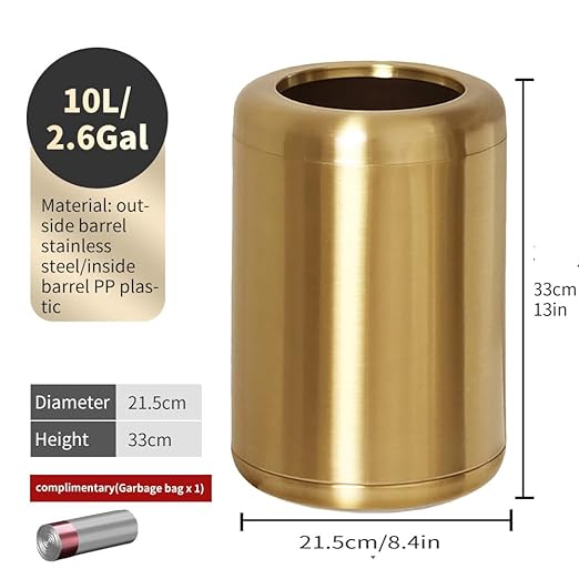 10 L/2.6GallonBrass Trash canBrushed Bathroom Trash Can Gold Wastebaske for BathroomLiving RoomOfficeKitchenBedroomHotel (Gold)