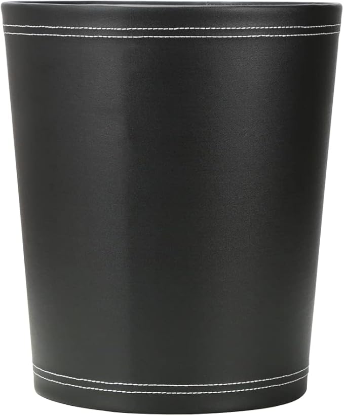 KINGFOM Classic Pu Leather Trash Can Wastebasket Small Garbage Container Can for Bathrooms Powder Rooms Kitchens Home Office and and High Class Hotel Round Black