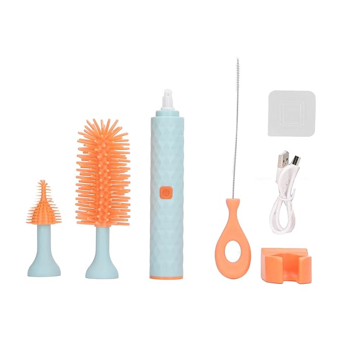 Baby Bottle Cleaning Brush Straw Brush Rotating Silicone Baby Bottle Brush Cleaner Efficient Electric 2 Speeds for Home (Blue)