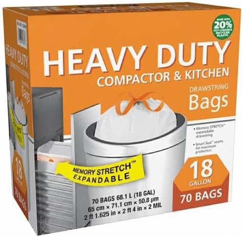 Heavy Duty Compactorr &amp Kitchen Trash Bags 18 Gallon Drawstring Garbage Bags Memory Stretch Expandable Tear &amp Leak Resistant 70 Count