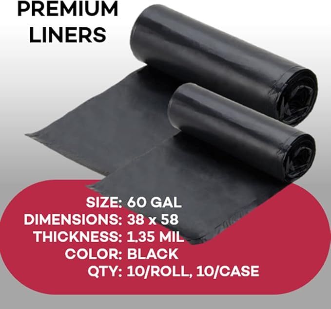 Dealmed Trash Bag | Made in USA | 60 Gallon 38 x 58 1.35 mil Black | 10/Roll 10/Case