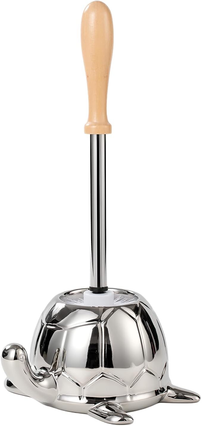 Toilet Brush and Holder Set Ceramic Turtle Base Toilet Brush Set - 7.5” Bowl Cleaner Toilet Scrubber Brush with Ergonomic Handle (Silver)